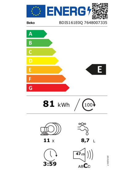 Встраиваемая посудомоечная машина Beko BDIS161E0Q