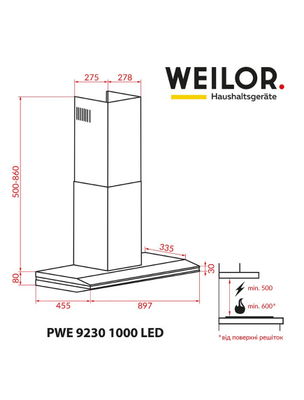 Вытяжка Weilor PWE 9230 SS 1000 LED